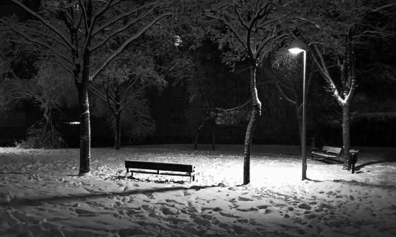 Banco de parque y farol encendido bajo la nieve.