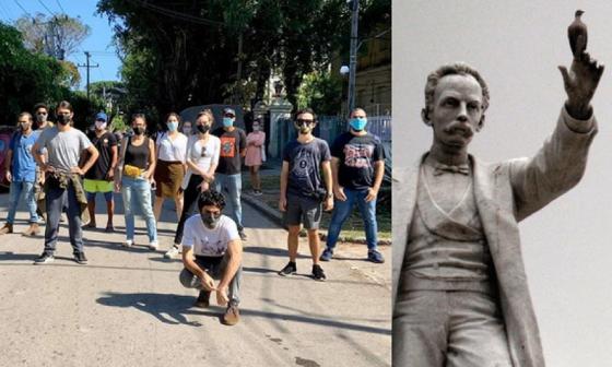 Collage: martí y jóvenes manifestantes frente al Ministerio de Cultura