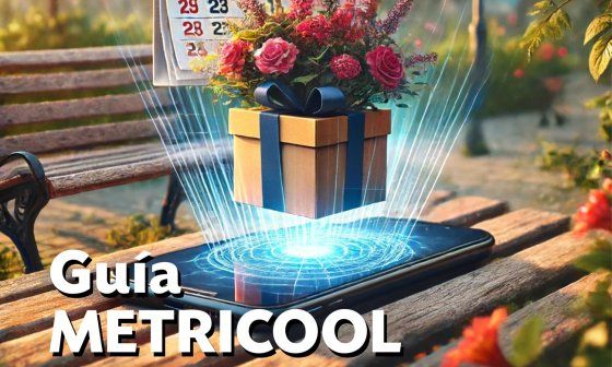 Metricool guía. Un teléfono iluminado del que sale una caja de regalos y un calendario.